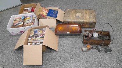 Lot 551 - BOX OF CAR PARTS, BRITAX RECOVERY LIGHT , TRUNK +BOXES OF MOTORING MAGAZINES