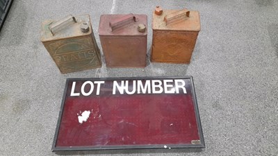 Lot 341 - LOT NUMBER LIGHT UP SIGN + 3 X PETROL CANS