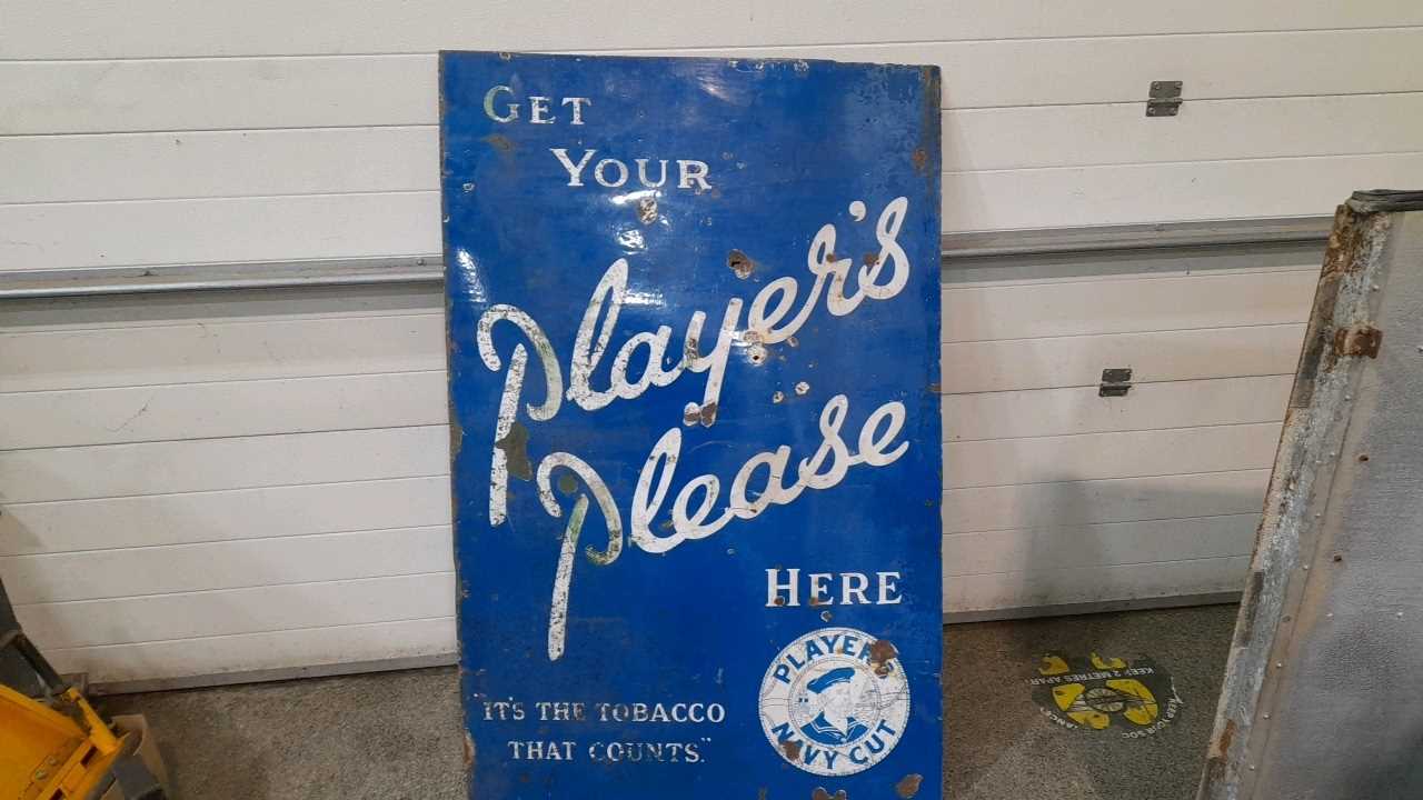 Lot 828 - GET YOUR PLAYER'S PLEASE HERE LARGE ENAMEL SIGN 57" X 37"