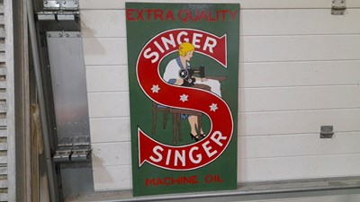 Lot 311 - WOODEN HAND PAINTED SINGER MACHINE OIL SIGN 35" X 20"