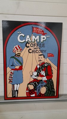 Lot 349 - WOODEN HAND PAINTED CAMP COFFEE SIGN 32" X 24"