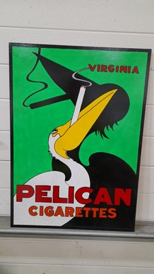 Lot 461 - WOODEN HAND PAINTED PELICAN CIGARETTES SIGN 28" X 20"