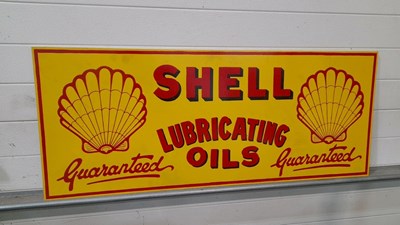 Lot 633 - WOODEN HAND PAINTED SHELL LUBRICATING OIL GUARANTEED SIGN 48" X 20"