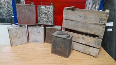 Lot 279 - 6 X PETROL CANS + 2 OLD WOODEN CRATES