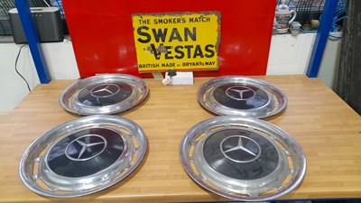 Lot 453 - SWAN VESTA , DOUBLE SIDED ENAMEL SIGN & 4 X MERCEDES WHEEL TRIMS