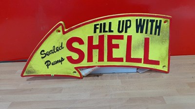 Lot 575 - FILL UP WITH SHELL CAST IRON SIGN 16" x 16"