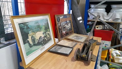 Lot 749 - DUNLOP TROLLEY AIR PUMP & A SELECTION OF ROLLS ROYCE PRINTS