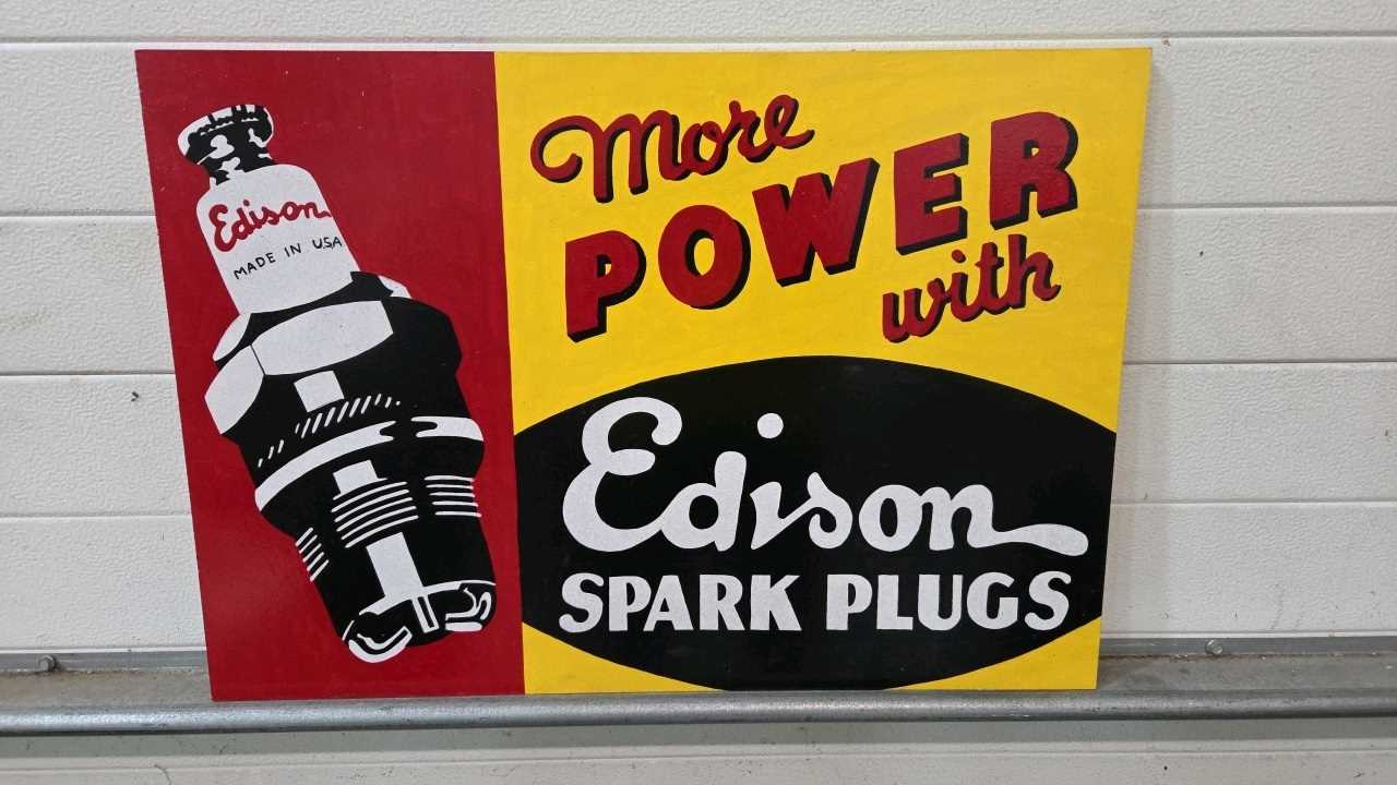 Lot 203 - WOODEN HAND PAINTED MORE POWER WITH EDISON PLUGS 28" X 20"