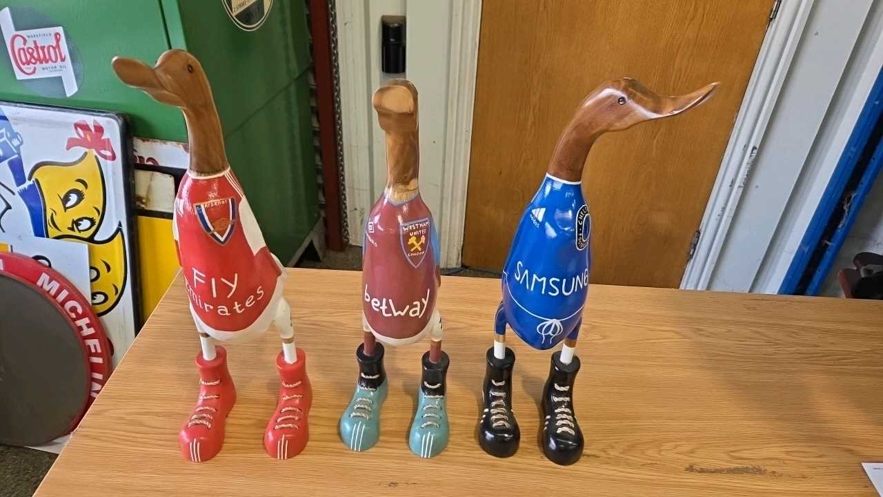Lot 775 - 3 WOODEN FOOTBALLER DUCKS 19" TALL