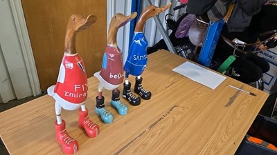 Lot 775 - 3 WOODEN FOOTBALLER DUCKS 19" TALL
