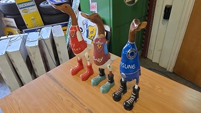 Lot 775 - 3 WOODEN FOOTBALLER DUCKS 19" TALL