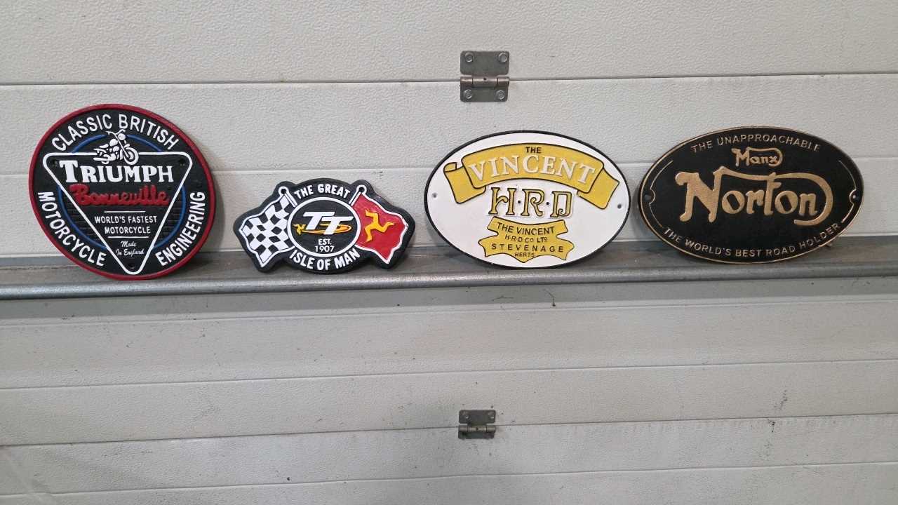 Lot 711 - 4 X CAST VINCENT , TRIUMPH , NORTON , ISLE OF MAN SIGNS