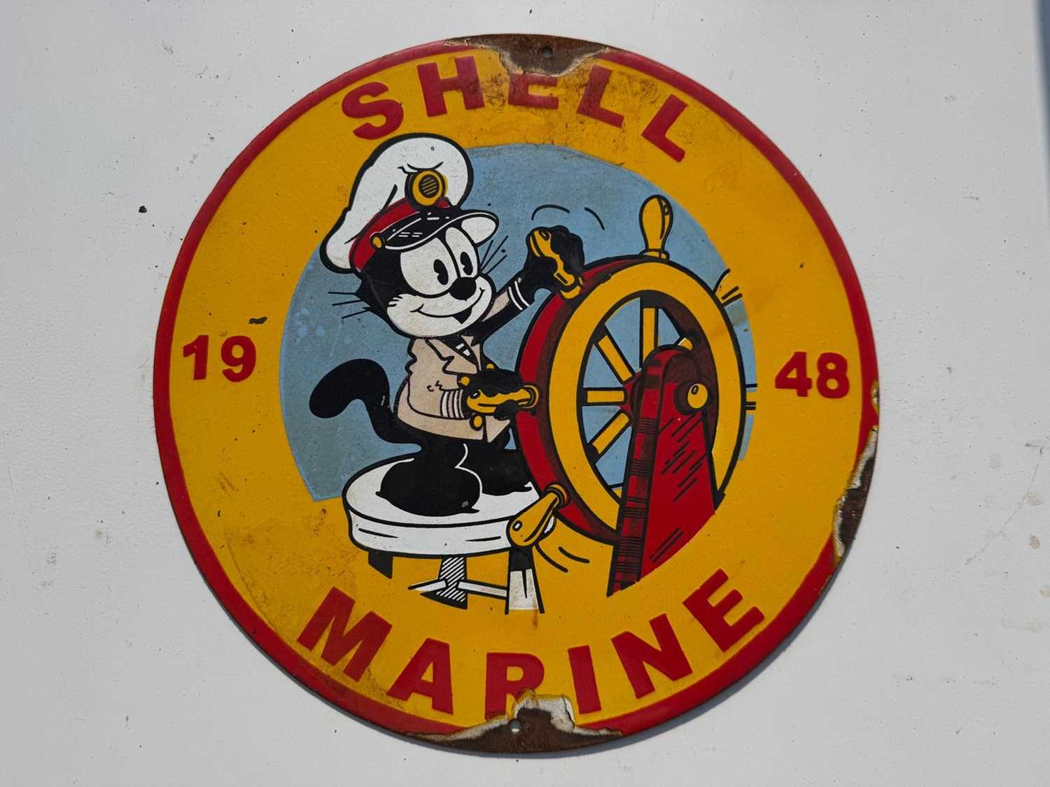 Lot 135 - SHELL MARINE 1948 ENAMEL SIGN 12" DIA
