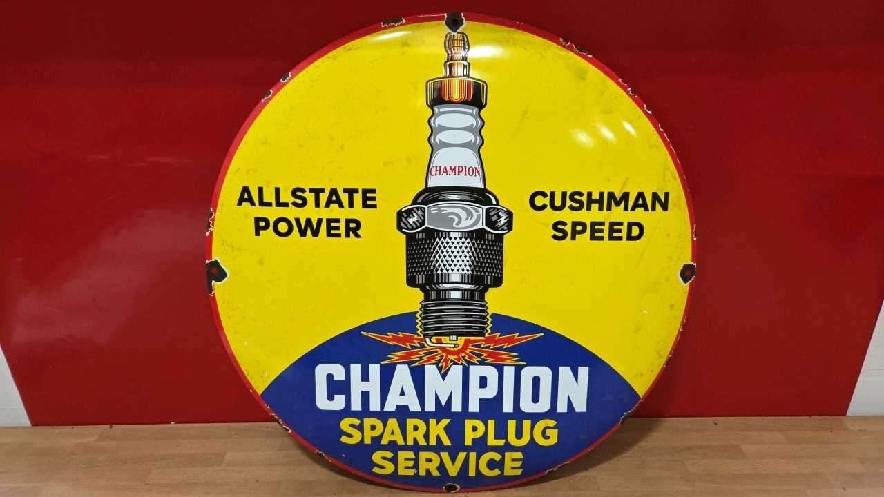 Lot 441 - CHAMPION SPARK PLUG SERVICE ENAMEL SIGN 20" DIA