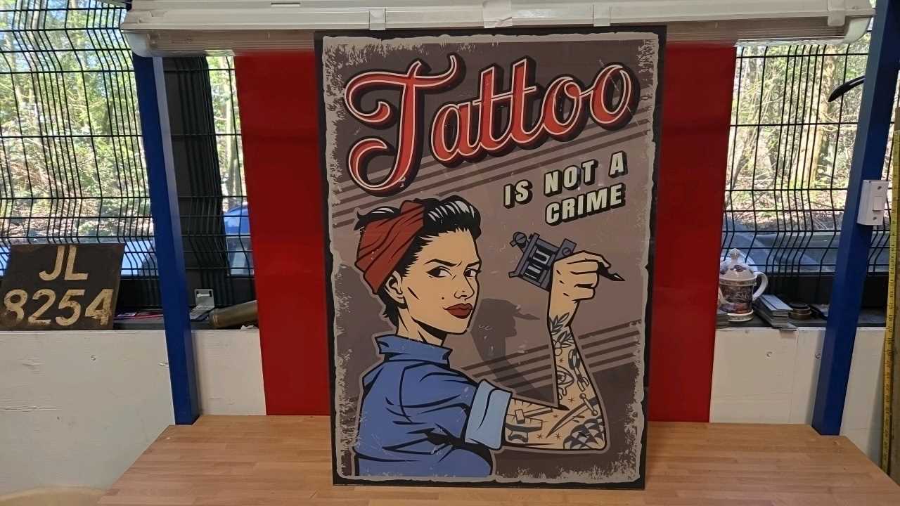 Lot 387 - RETRO TATTOO ARTIST SHOP ACRYLIC SIGN 33" X 24"
