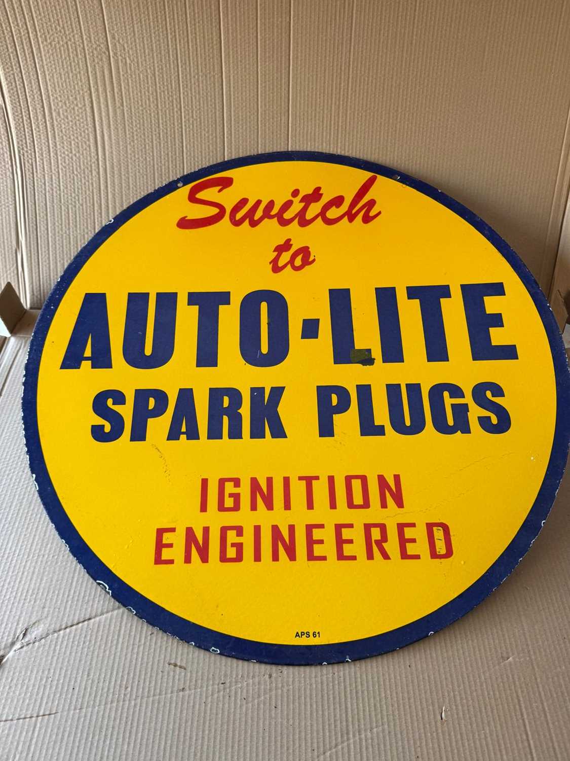Lot 203 - AUTO-LITE SPARK PLUGS , DOUBLE SIDED ENAMEL SIGN 30" DIA