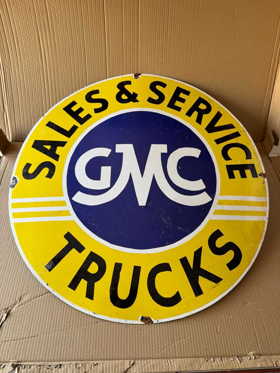 Lot 239 - GMC TRUCKS SALES & SERVICE ENAMEL SIGN 30" DIA