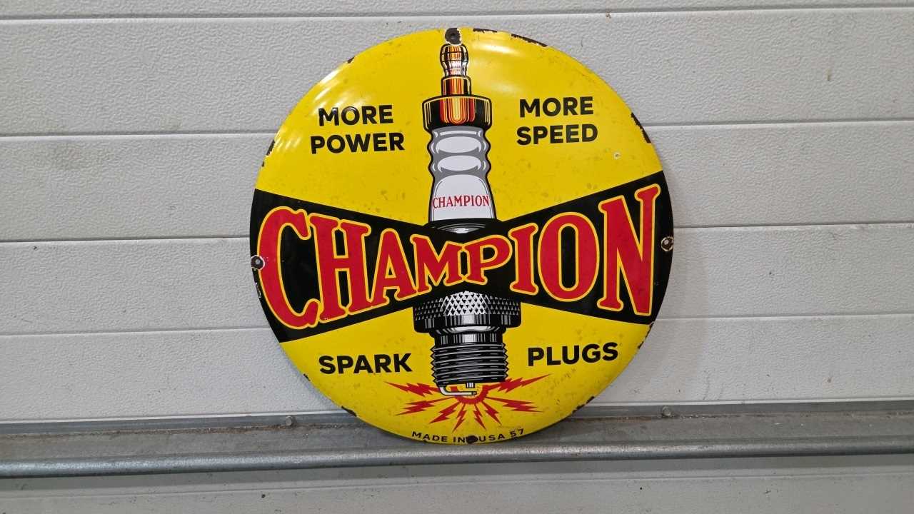 Lot 11 - CHAMPION SPARK PLUGS ENAMEL SIGN 20" DIA