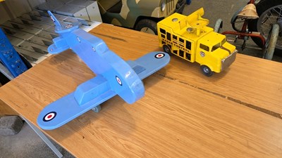 Lot 659 - RADAR CONTROL TIN TRUCK & WOODEN SPITFIRE PLANE