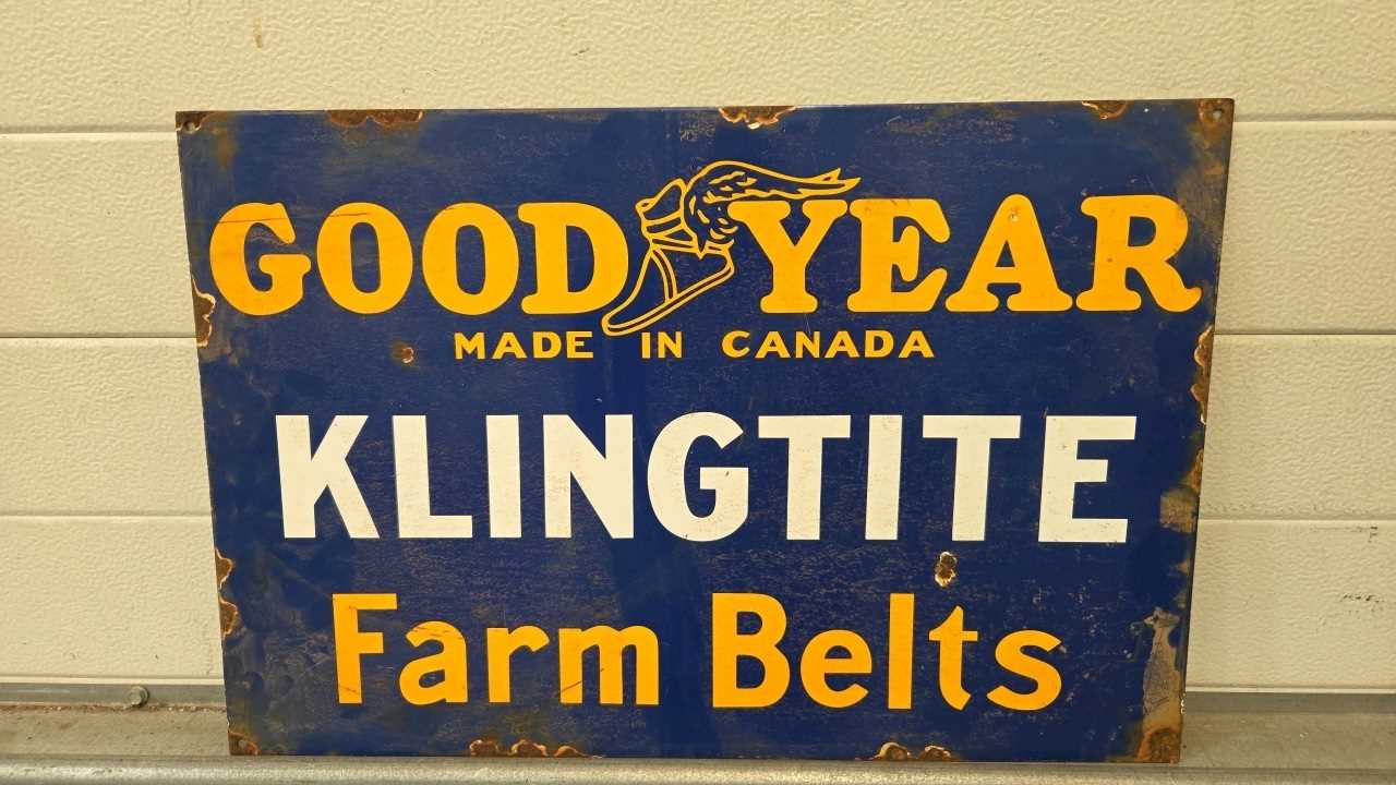 Lot 13 - GOOD YEAR FARM BELTS ENAMEL SIGN 24" X 16"
