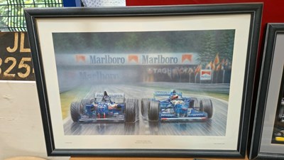 Lot 439 - FOUR FORMULA ONE FRAMED PRINTS / PICTURES