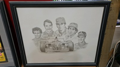 Lot 439 - FOUR FORMULA ONE FRAMED PRINTS / PICTURES