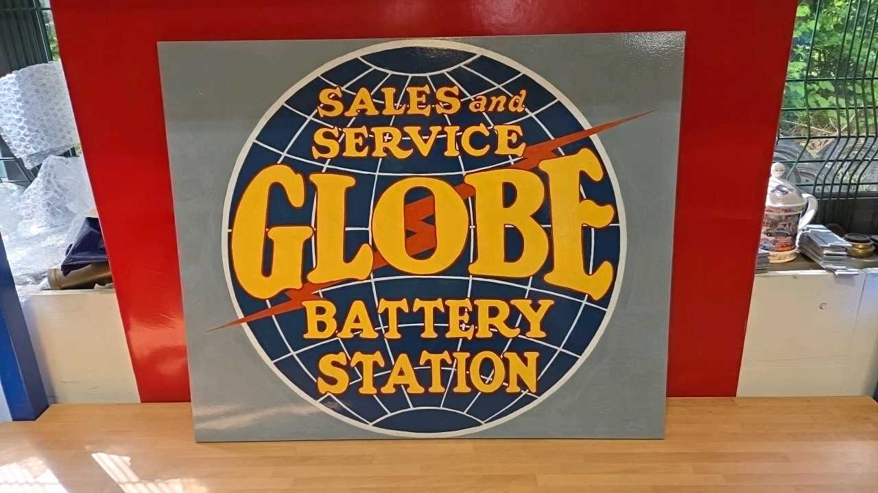Lot 55 - GLOBE BATTERY STATION WOODEN HAND PAINTED SIGN 24" X 29"