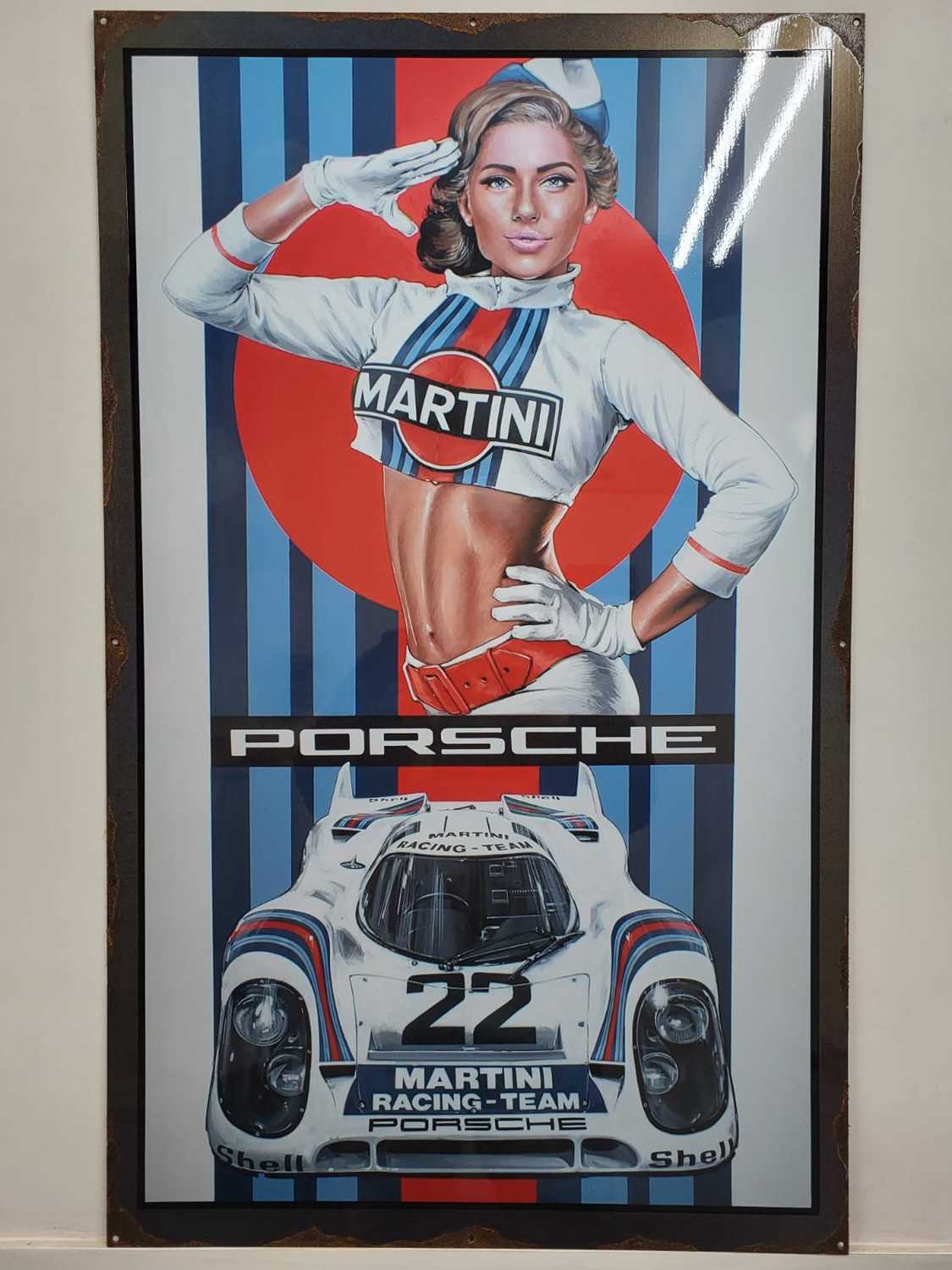 Lot 213 - HANDMADE MARTINI PORSCHE METAL SIGN 39" X 24"