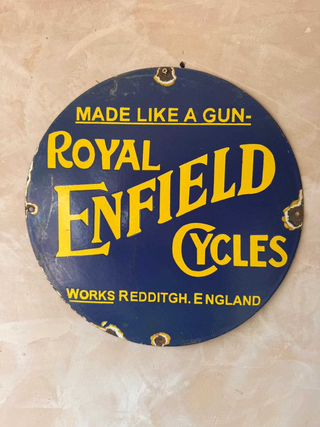 Lot 25 - ROYAL ENFIELD CYCLES ENAMEL SIGN 16" DIA