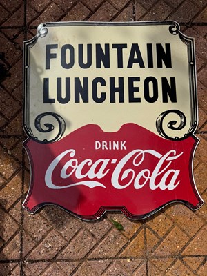 Lot 71 - FOUNTAIN LUNCHEON DRINK COCA COLA ENAMEL SIGN 30" X 27"