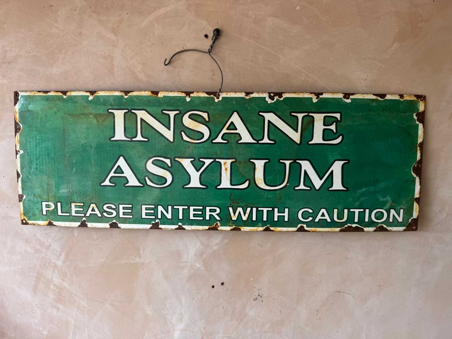 Lot 173 - INSANE ASYLUM ENAMEL SIGN 36" X 12"