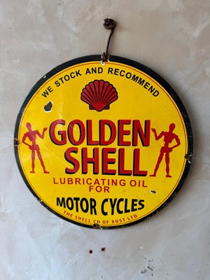 Lot 387 - GOLDEN SHELL MOTOR CYCLE LUBRICATING OIL ENAMEL SIGN 12" DIA