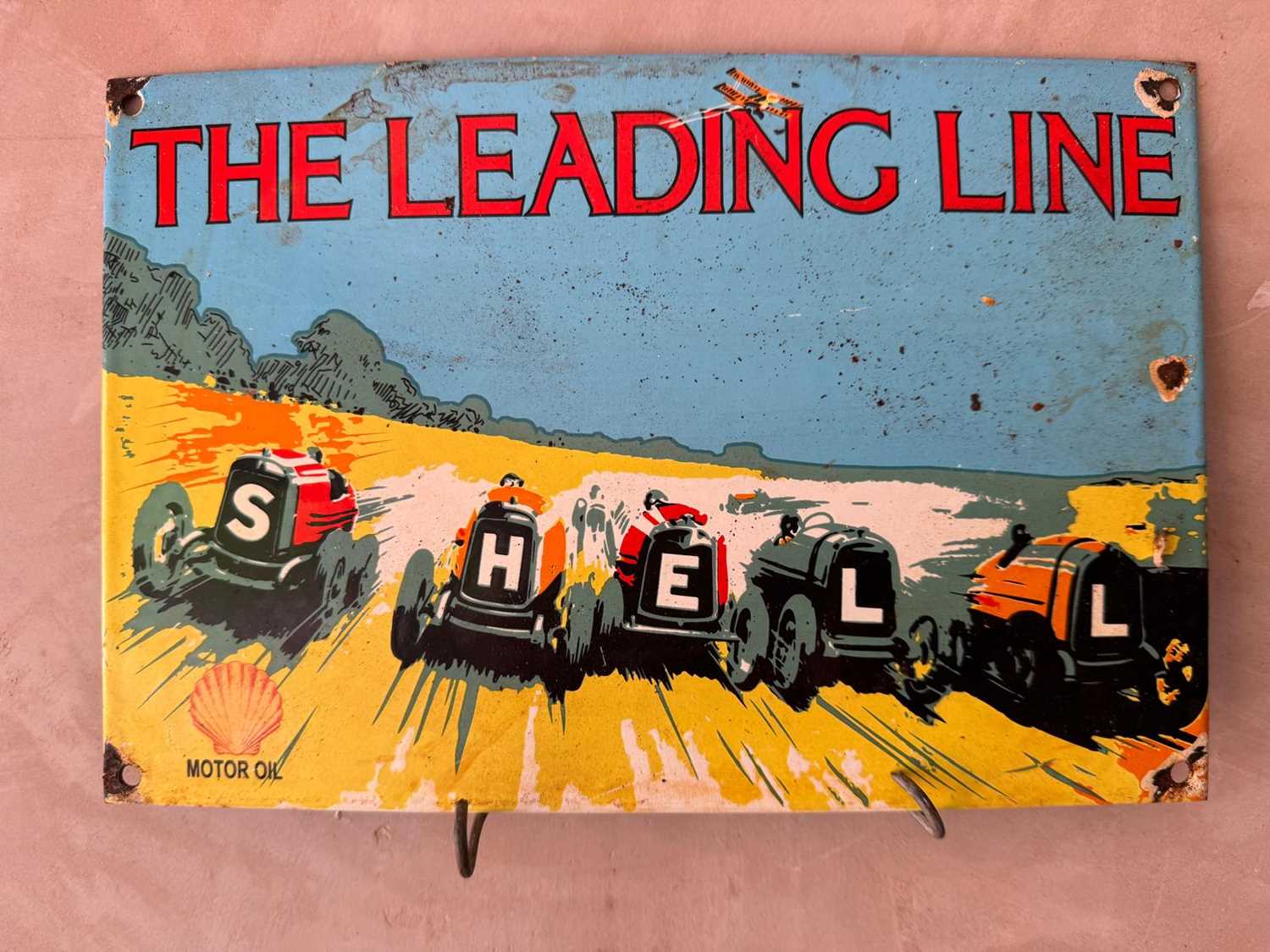 Lot 625 - THE LEADING LINE, SHELL MOTOR OIL ENAMEL SIGN 12" X 8"