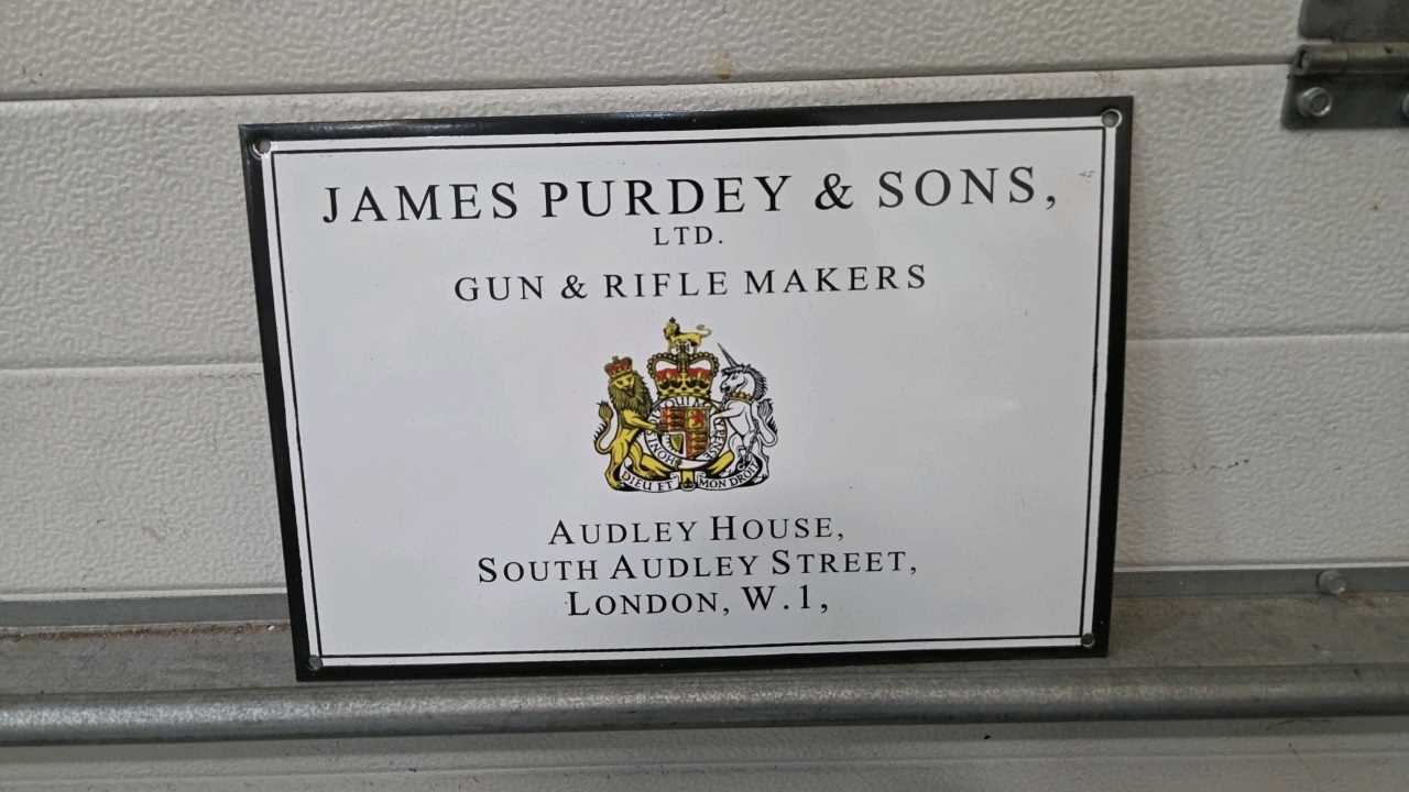 Lot 261 - JAMES PURDEY GUN & RIFLE ENAMEL SIGN 15" X 12"