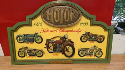 Lot 237 - WOODEN MOTOR CYCLE SIGN 34" X 24"