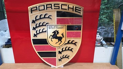 Lot 343 - PORSCHE LOGO PERSPEX PRINTED SIGN 30" X 23"