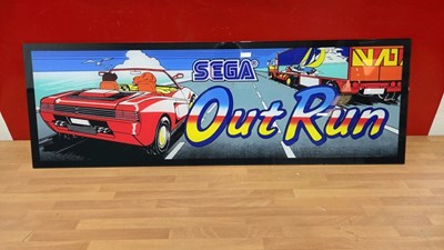 Lot 459 - OUTRUN ARCADE GAME , PERSPEX PRINTED SIGN 32" X 10"