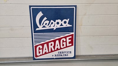 Lot 435 - WOODEN HAND PAINTED VESPA GARAGE SIGN 24" X 20"