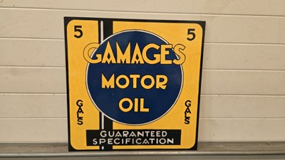 Lot 607 - WOODEN HAND PAINTED GAMAGES OIL SIGN 24" X 24"