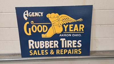 Lot 351 - WOODEN HAND PAINTED GOODYEAR SIGN ( ALL PROCEEDS TO CHARITY ) 24" X 17"
