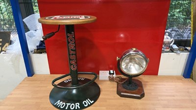 Lot 331 - MOTOR BIKE HEADLAMP DESK LAMP & CASTROL BAR/KITCHEN STOOL