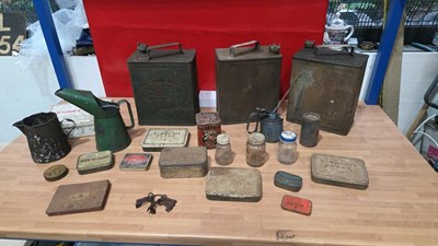 Lot 659 - BOX OF VARIOUS TINS , FUEL CANS & OIL TINS ETC