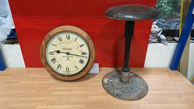 Lot 269 - MORRIS MOTORS LTD CLOCK + WORK SHOP STOOL