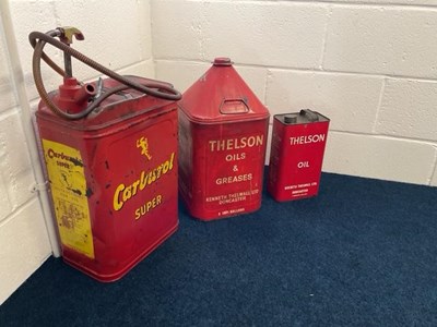 Lot 371 - VINTAGE THELSON OIL CANS AND CARBUROL PUMP