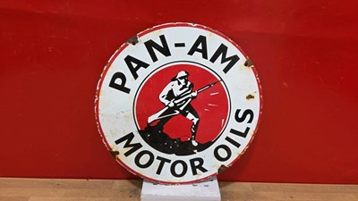 Lot 677 - PAN-AM MOTOR OILS ENAMEL SIGN 12" DIA