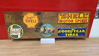 Lot 823 - 5 X SMALL ENAMEL SIGNS MOUNTED ON A BOARD