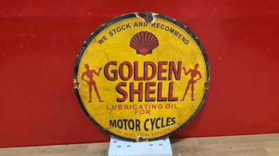 Lot 721 - GOLDEN SHELL MOTOR CYCLES ENAMEL SIGN 12" DIA