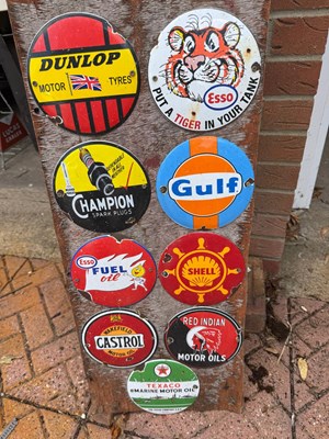 Lot 657 - 9 X SMALL ENAMEL SIGNS MOUNTED ON WOODEN BOARD