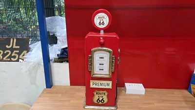 Lot 719 - SMALL WOODEN PETROL PUMP ROUTE 66 KEY CUPBOARD 26" X 8" X 4"