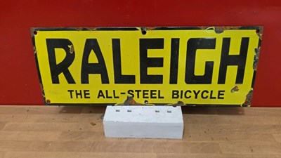 Lot 631 - RALEIGH ALL STEEL BICYCLE ENAMEL SIGN 16" X 6"